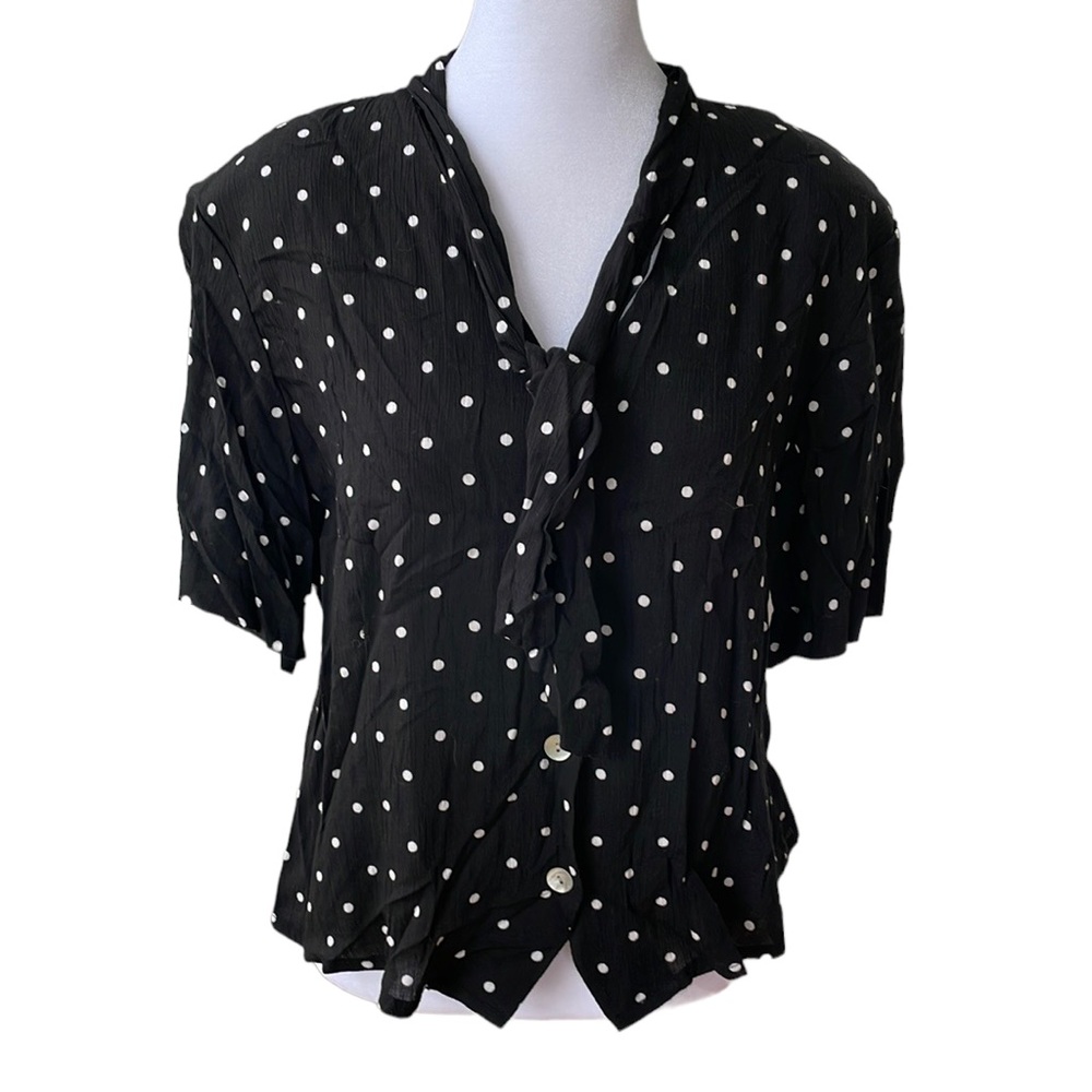 Vintage Jaclyn Smith Black White Polka Dotted Tie Neck Button Up Blouse Large